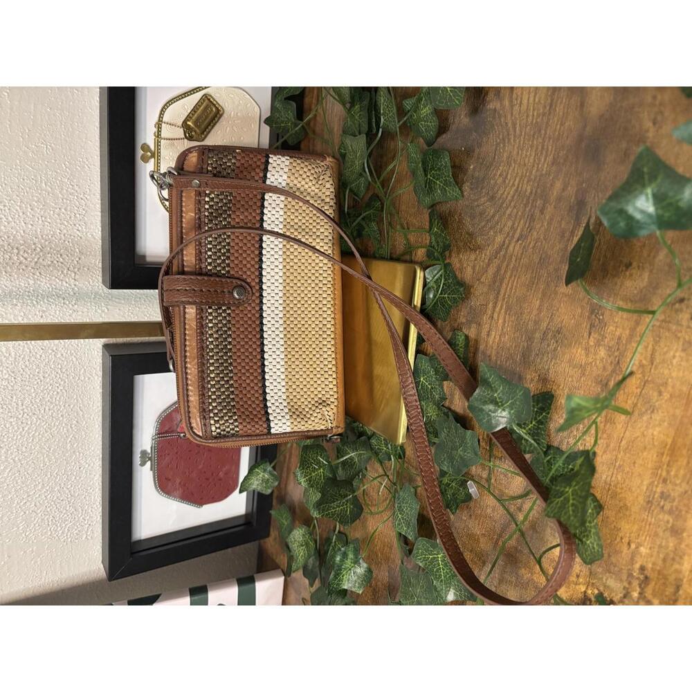 The Sak Woven Leather Crossbody Wallet Brown Tan Cream